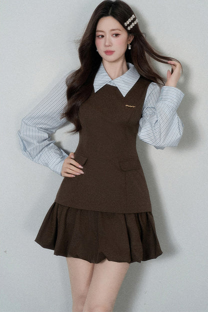 Preppy Layered-Look Striped Shirt Dress
