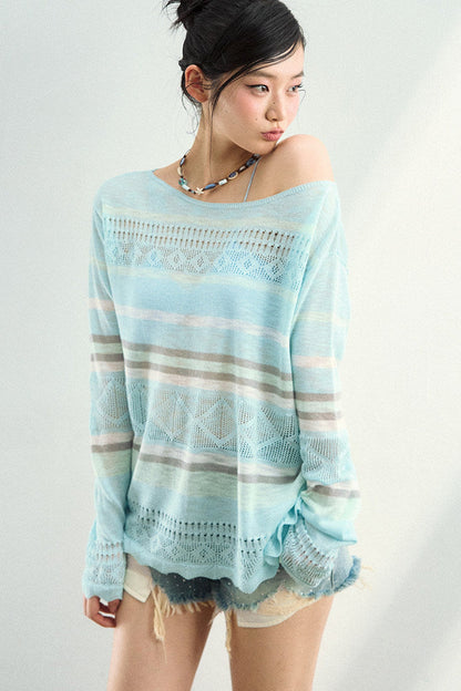 Color-Blocked Striped Knit Blouse