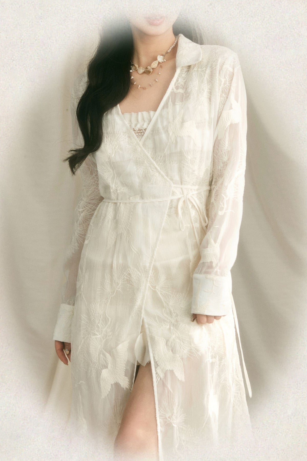 Crane Embroidery Waist-Tie Top