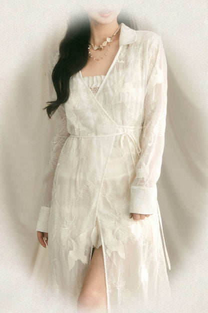 Crane Embroidery Waist-Tie Top