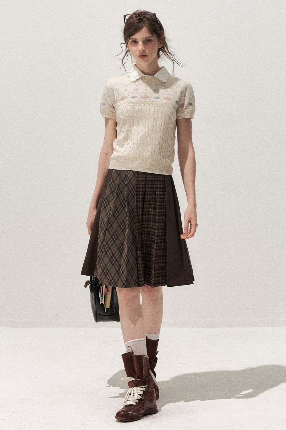 Retro Fair Isle Argyle Short-Sleeve Knit Sweater and Skirt Set-Up