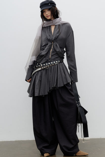 Vestido camisero drapeado plisado asimétrico con bajo de volantes
