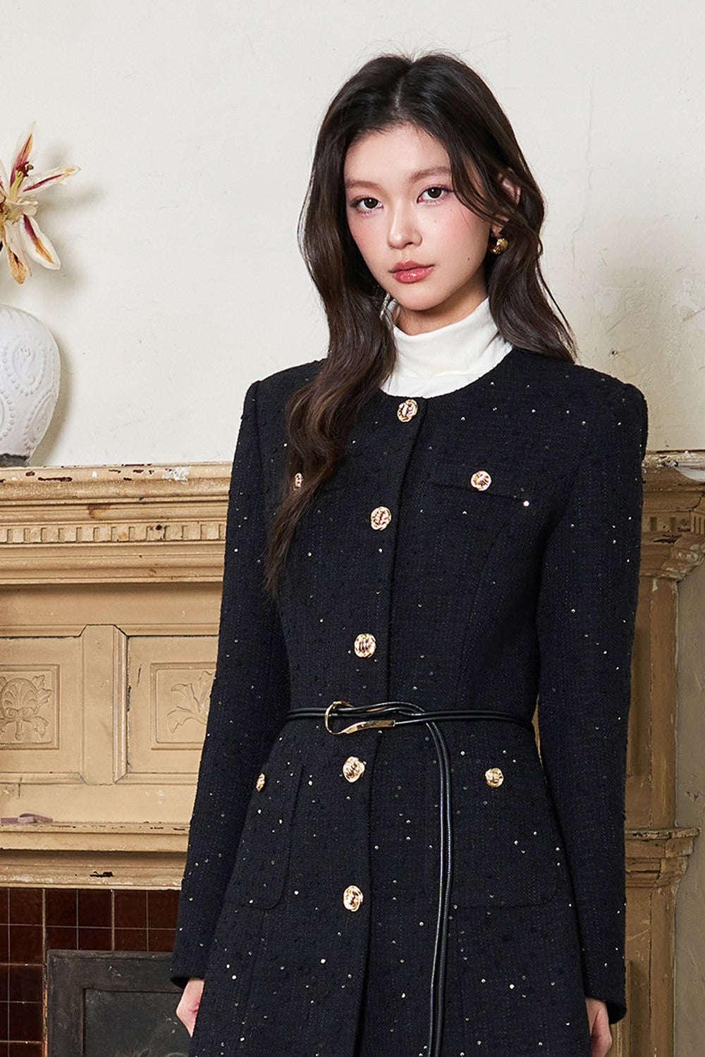 Black Sequin Waist-Cinching Jacket