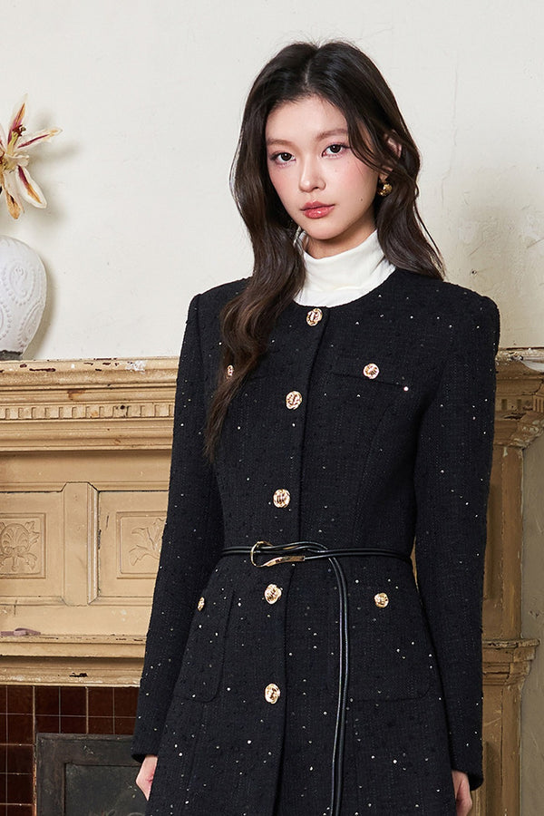 Black Sequin Waist-Cinching Jacket