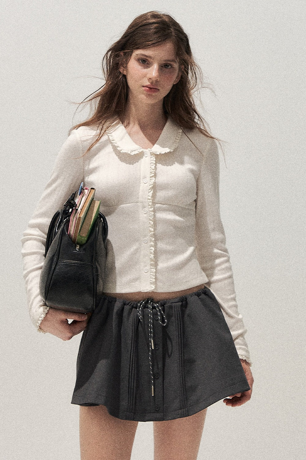 Doll Collar Textured Hollow Floral Cardigan