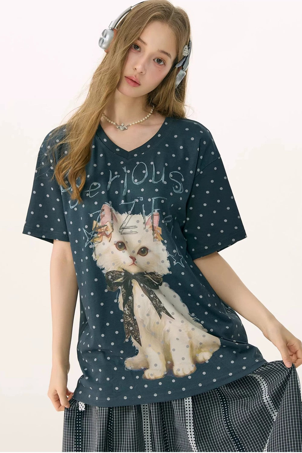 Top Scollo a V Grigio con Pois Gatto