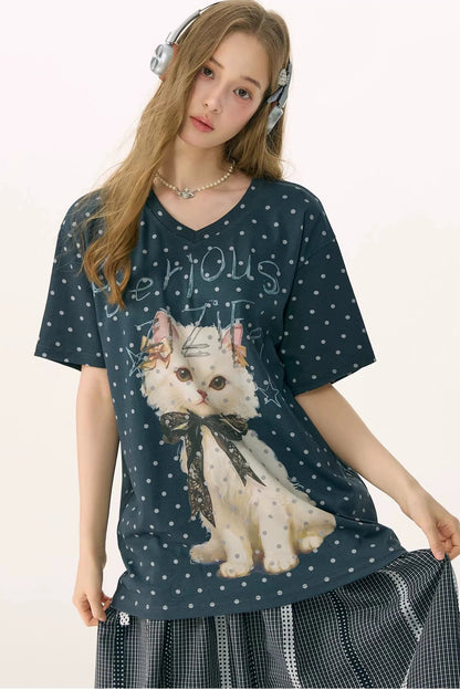 Top Scollo a V Grigio con Pois Gatto