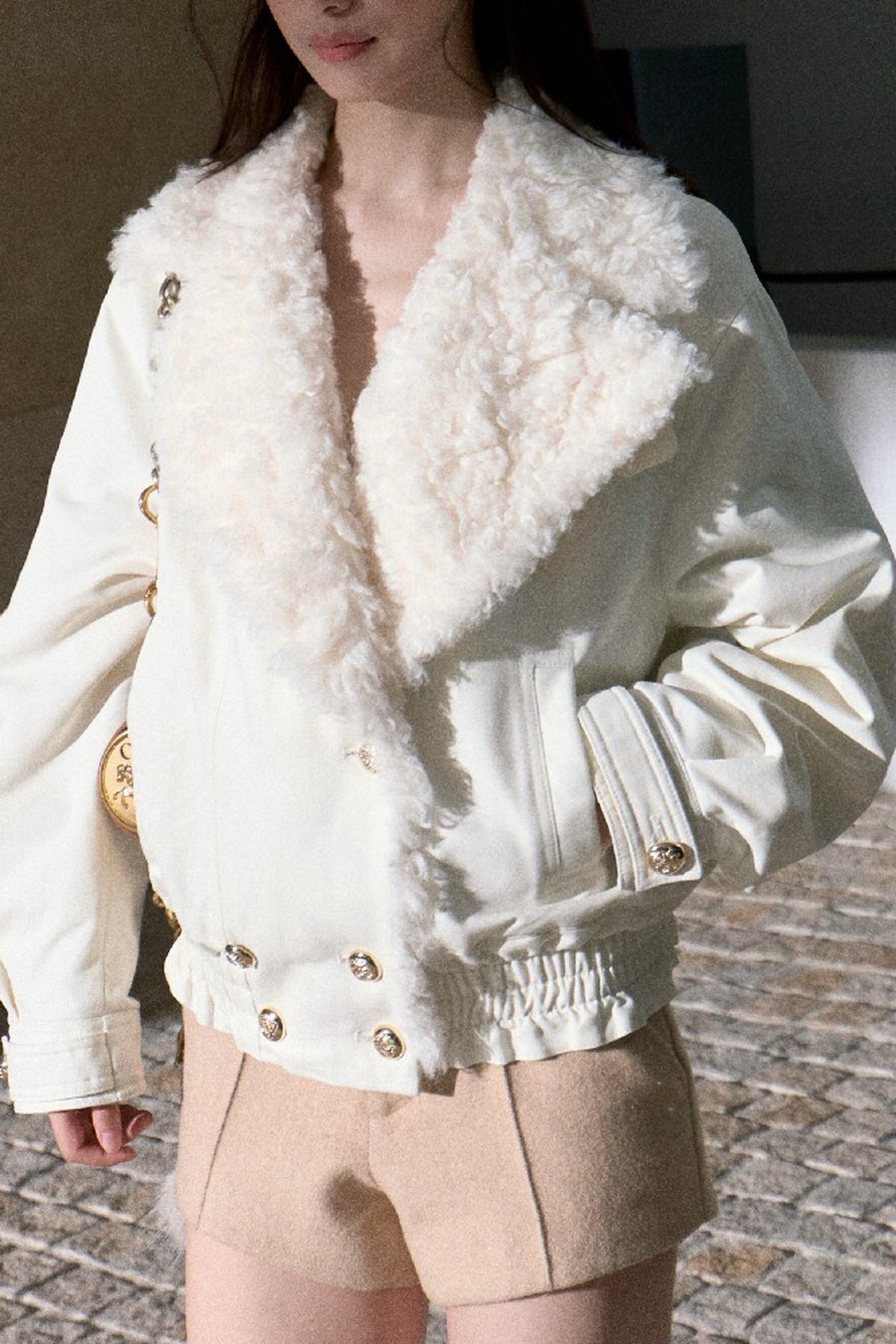 Napoleon Style Curly Fur Lapel Padded Jacket