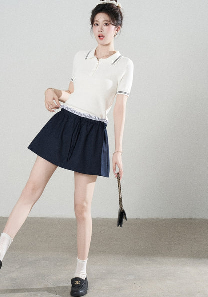 Ensemble tee-shirt polo en tricot blanc à manches courtes et jupe