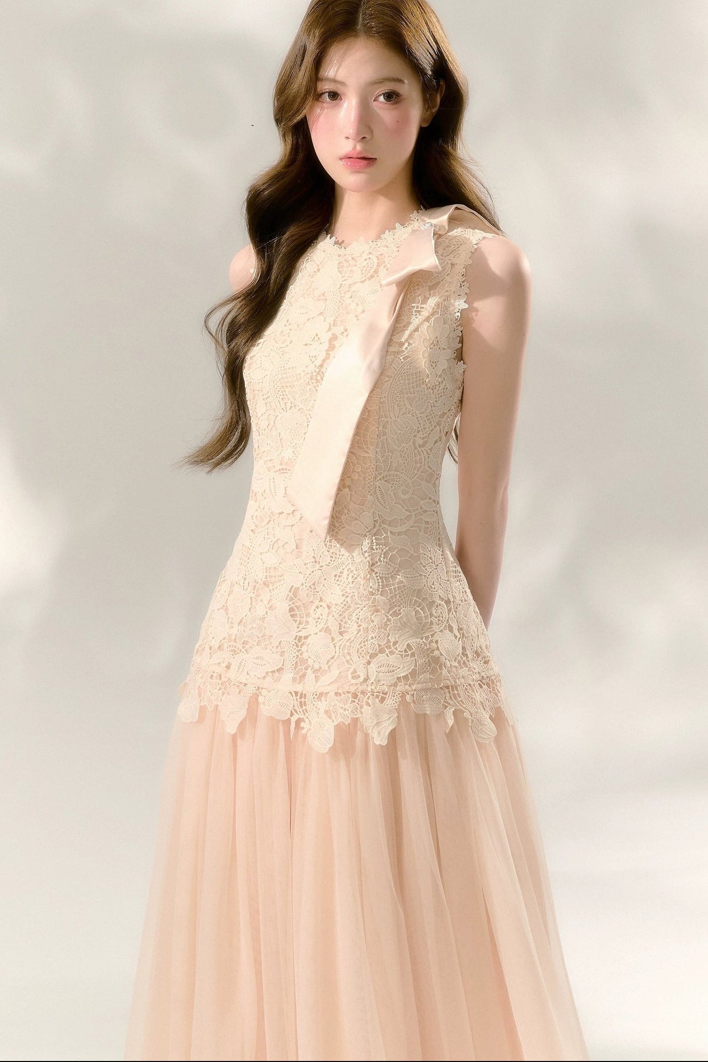 Lace Sleeveless Waist-Cinching Tulle Dress