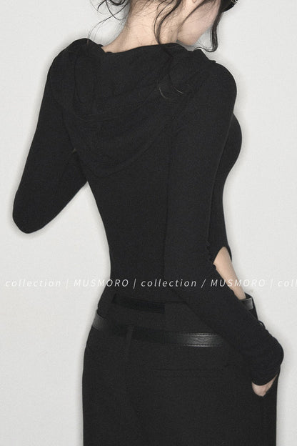 Brushed Ribbed Hooded Cutout Top