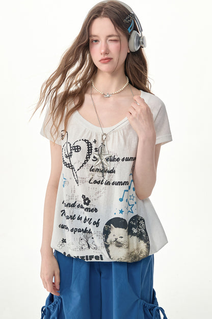 Camiseta de manga corta con cordón ajustable y estampado de gato blanco