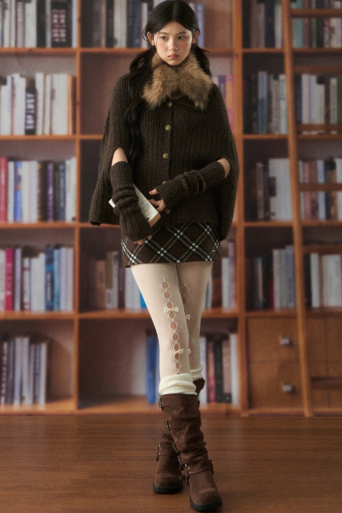 Chunky Ribbed Fur Collar Top and Skirt Set-Up