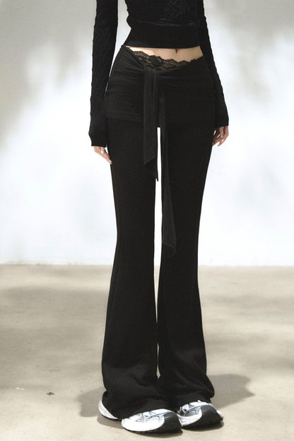 Fold-Over Waist Lace Tie-Up Flared Pants