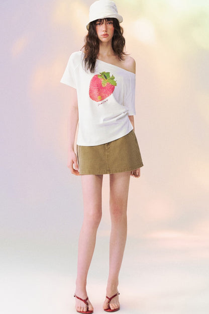 Strawberry Print One-Shoulder Blouse