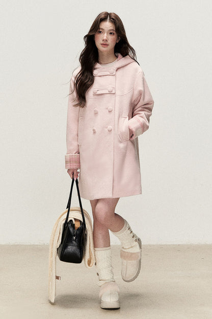 Cappotto doppiopetto con cappuccio a quadri rosa e color crema