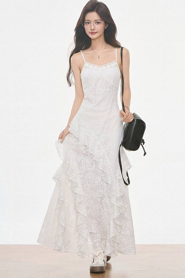 Petite Gray Wool Blazer and White Lace Slip Dress Set-Up