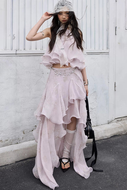Conjunto retro de top halter con volantes en rosa melocotón