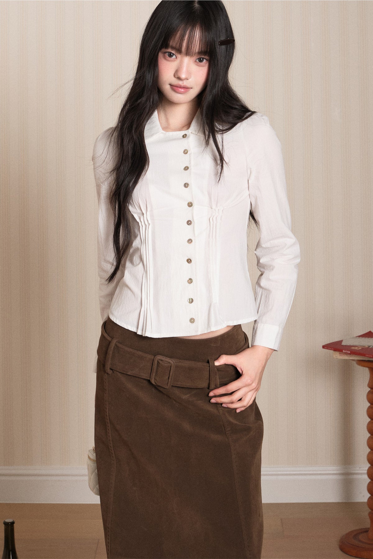 Pleated Shell Button Lapel Shirt