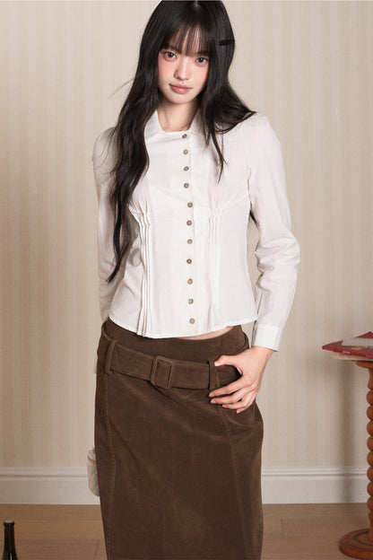 Pleated Shell Button Lapel Shirt