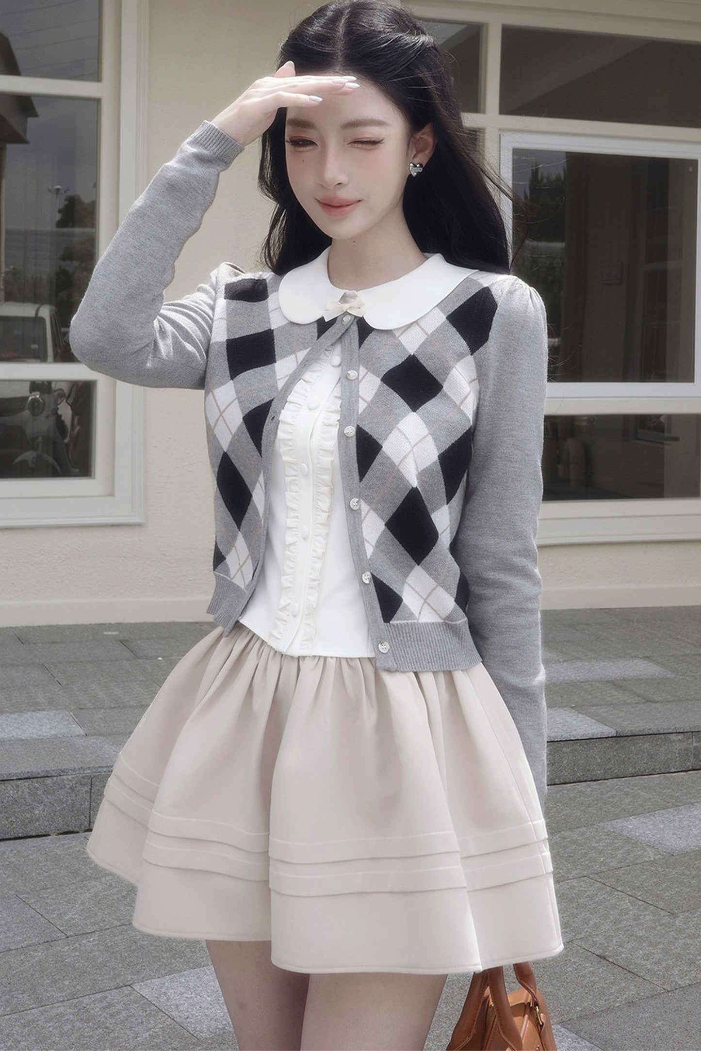Retro Diamond Knit Cardigan Set-Up