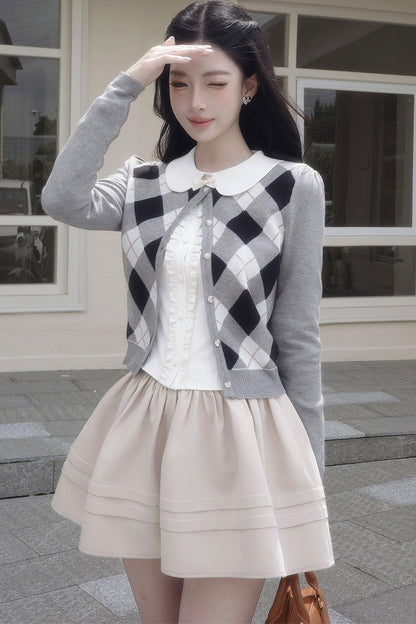 Retro Diamond Knit Cardigan Set-Up