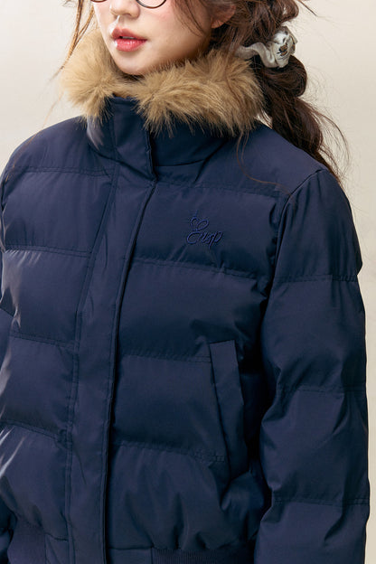 Navy Blue Fur Collar Padded Jacket and Pants Set-Up