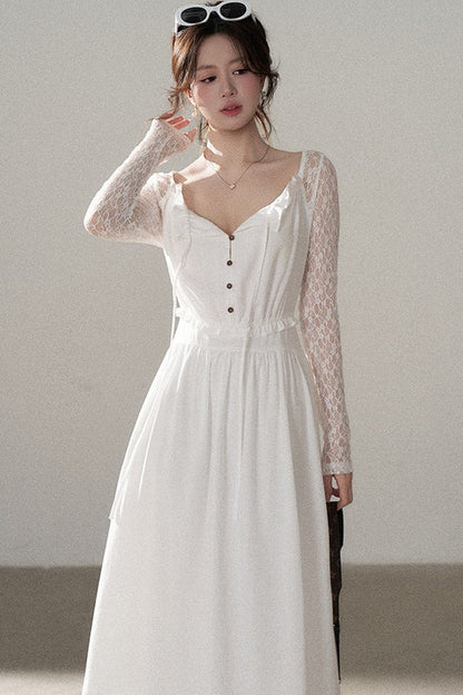 Robe trapèze en dentelle à boutons