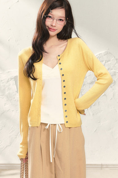 Yellow Long-Sleeve Knit Cardigan Set with Camisole and Pants Set-Up