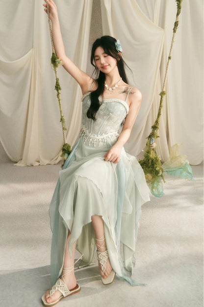 Retro Lace Fishbone Tube Top and Layered Skirt Set-Up