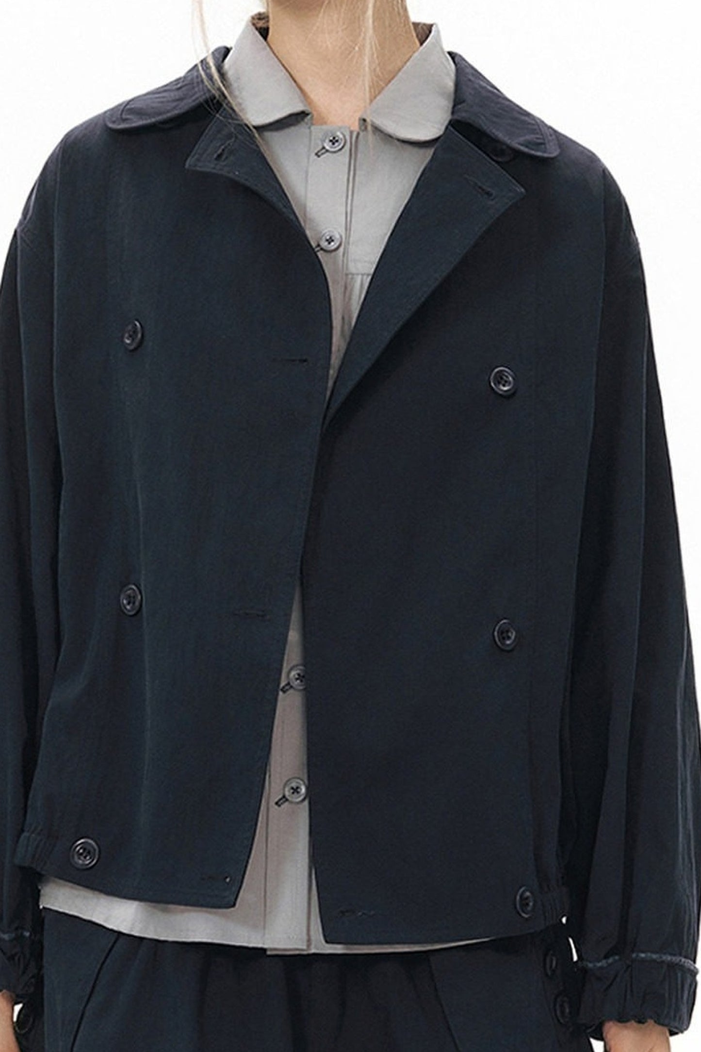 Retro Double-Breasted Workwear Jacket and Skirt Set-Up