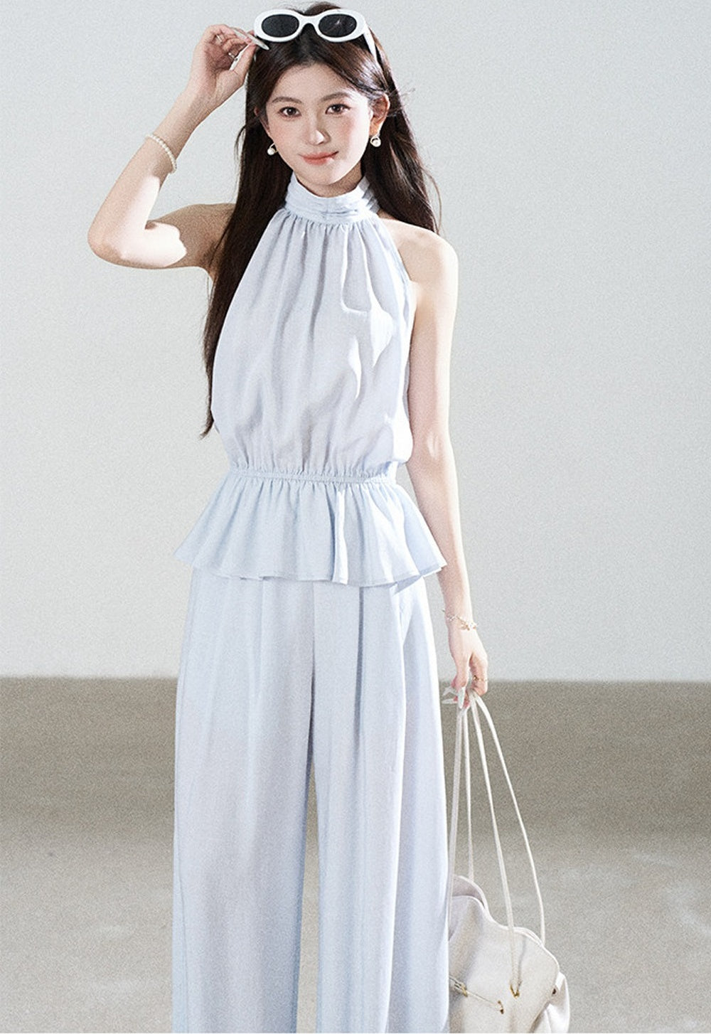 Blue Tencel Halter Shirt and Wide-Leg Pants Set