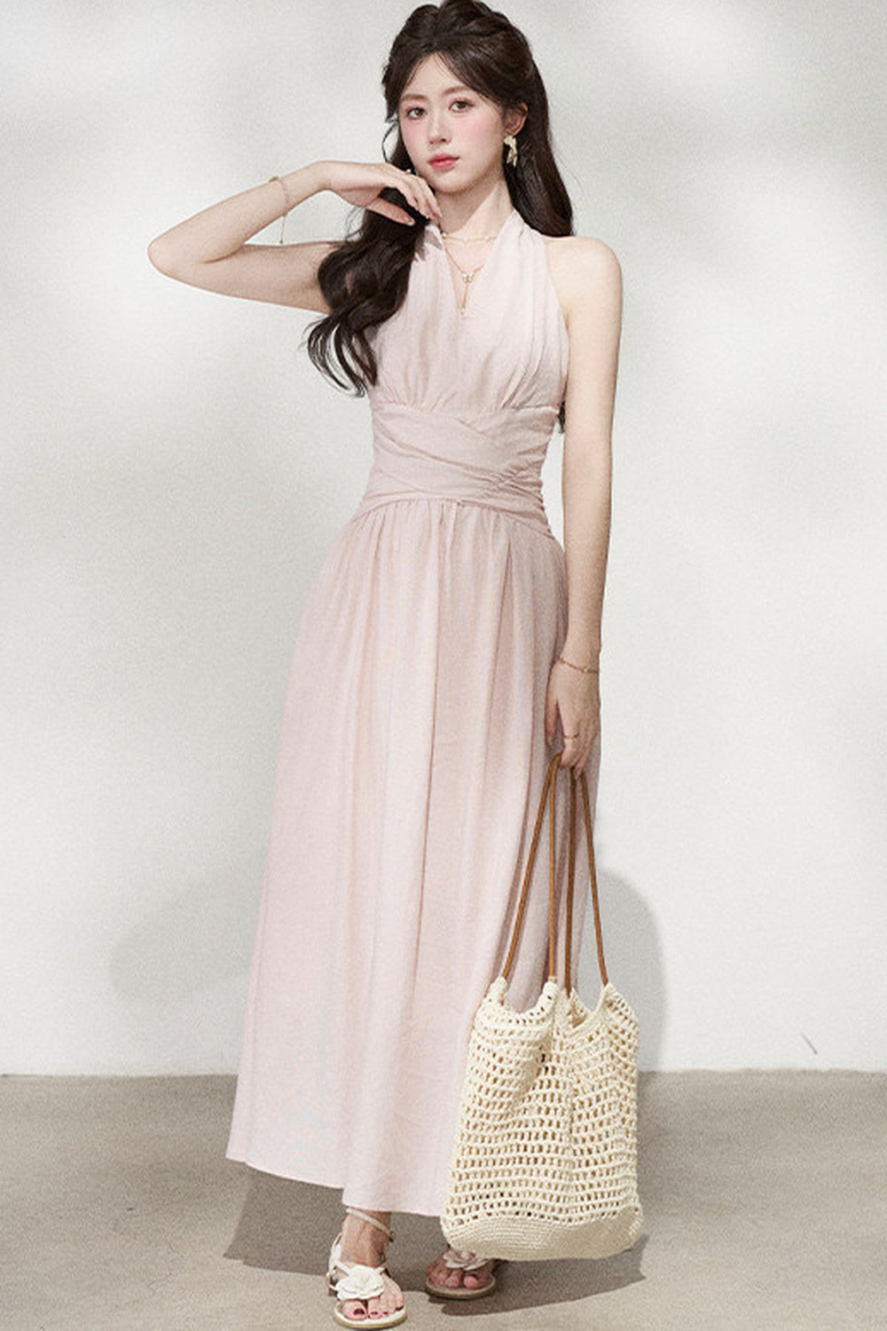 French V-Neck Halter Long Dress