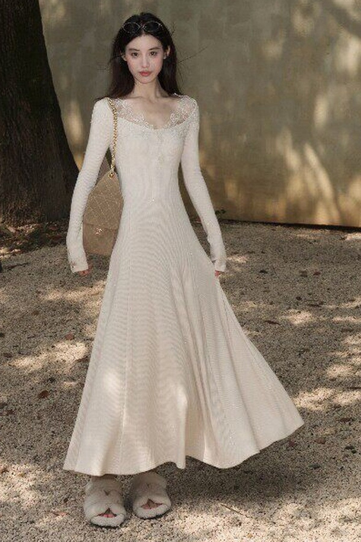 Spliced Lace Trim Long-Sleeve A-Line Dress