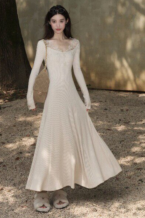 Spliced Lace Trim Long-Sleeve A-Line Dress