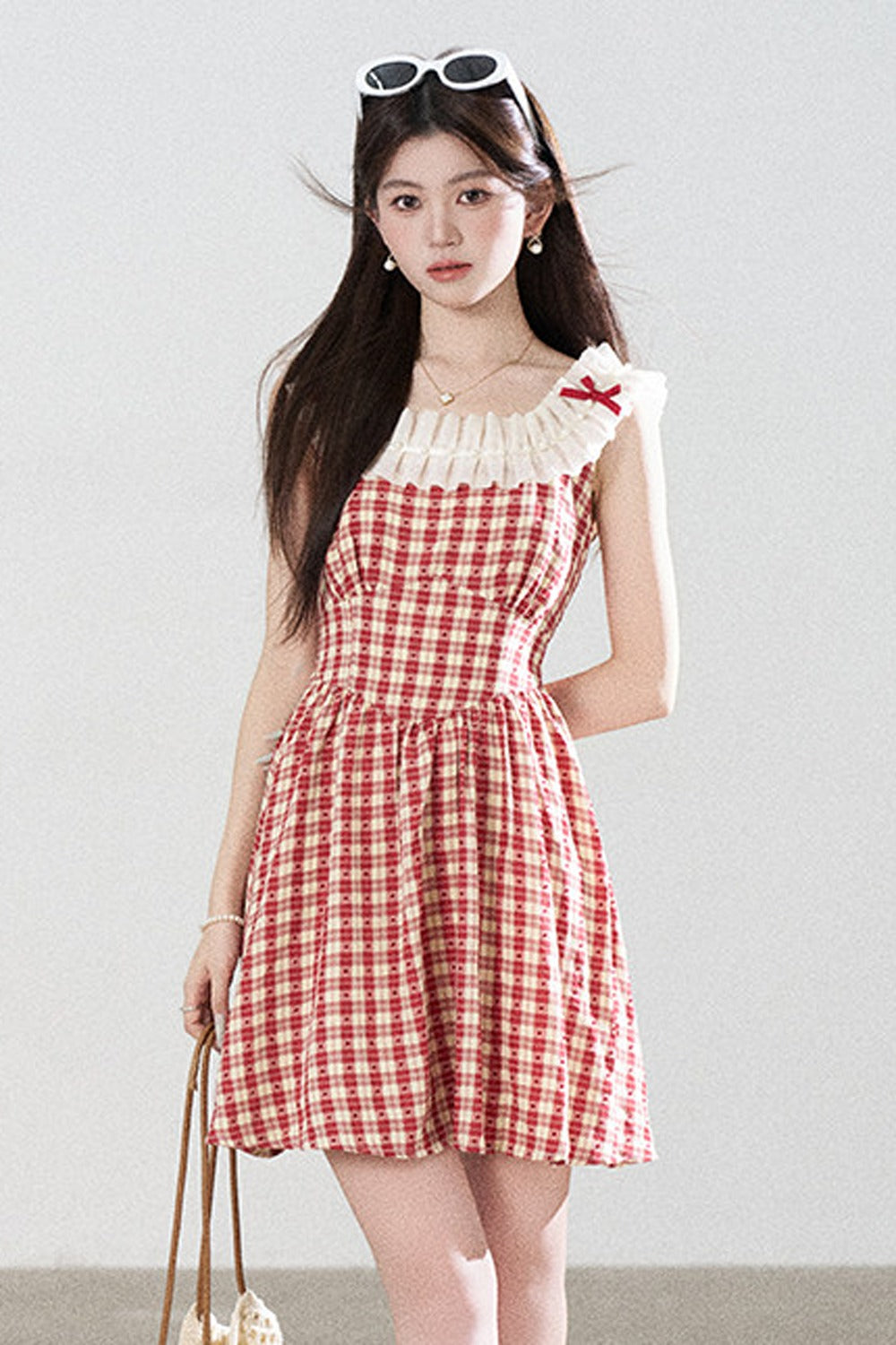 Red Plaid Sleeveless Ruffle Dress