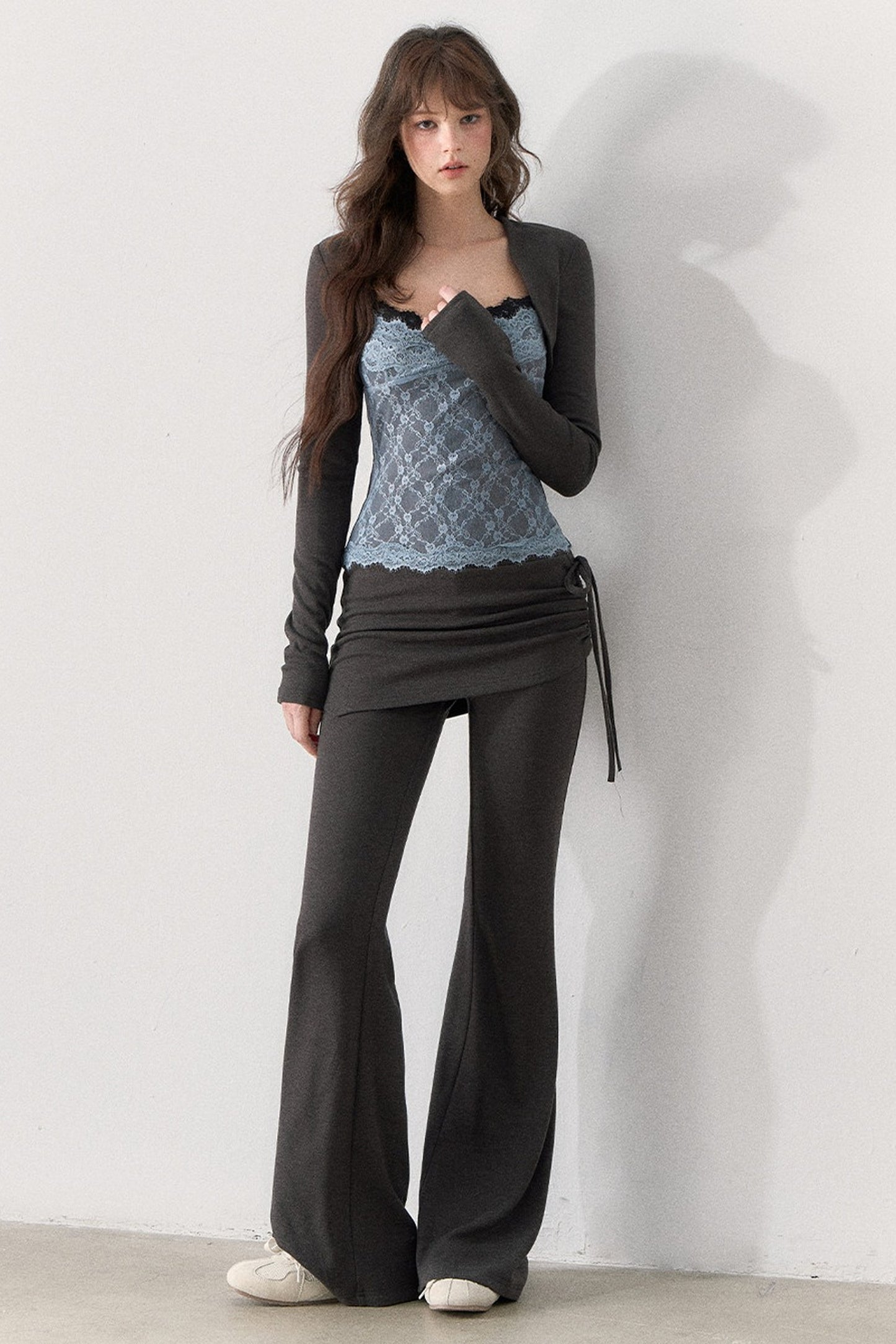 Lace Trim Knit Top and Flared Pants Set-Up