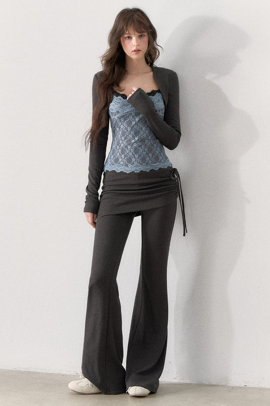 Lace Trim Knit Top and Flared Pants Set-Up