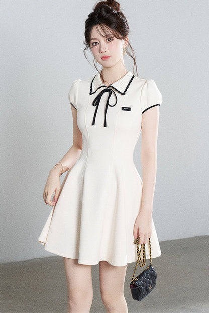 French Style Puff Sleeve Cinched Waist Dress