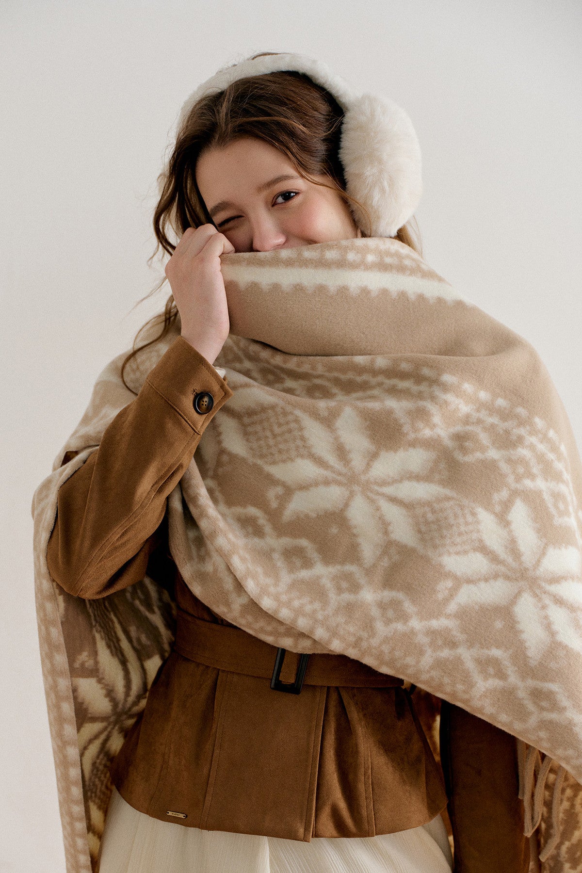 Khaki Fair Isle Jacquard Long Tassel Cape