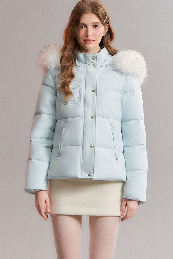 Detachable Fur Collar White Duck Down Hooded Jacket