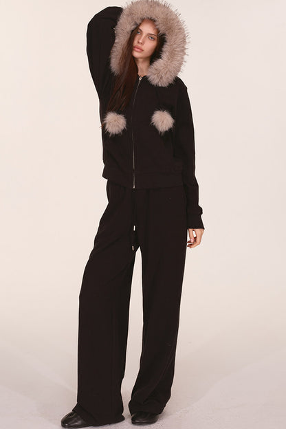 Fur Trim Hooded Sweatshirt and Sweatpants Set-Up