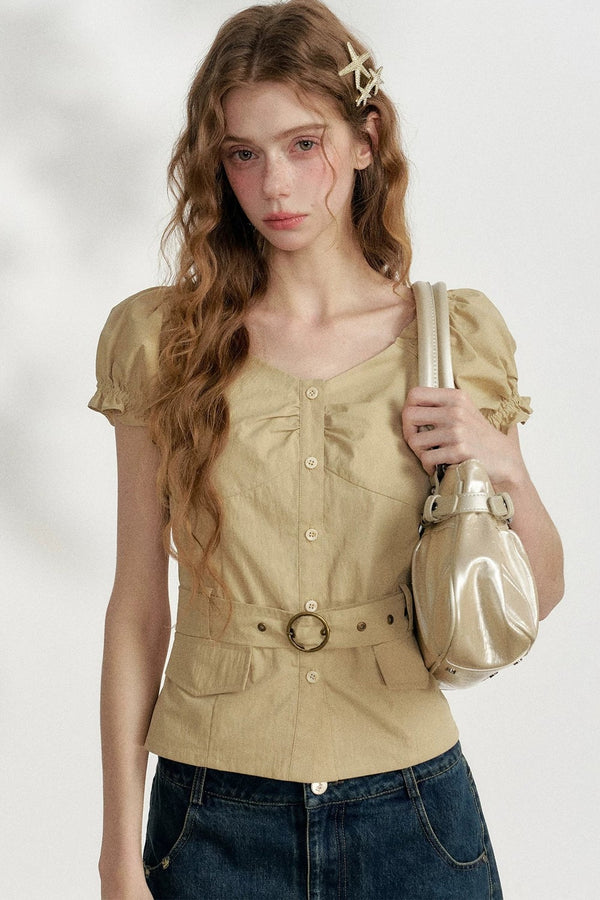Korean Petite Khaki Blouse
