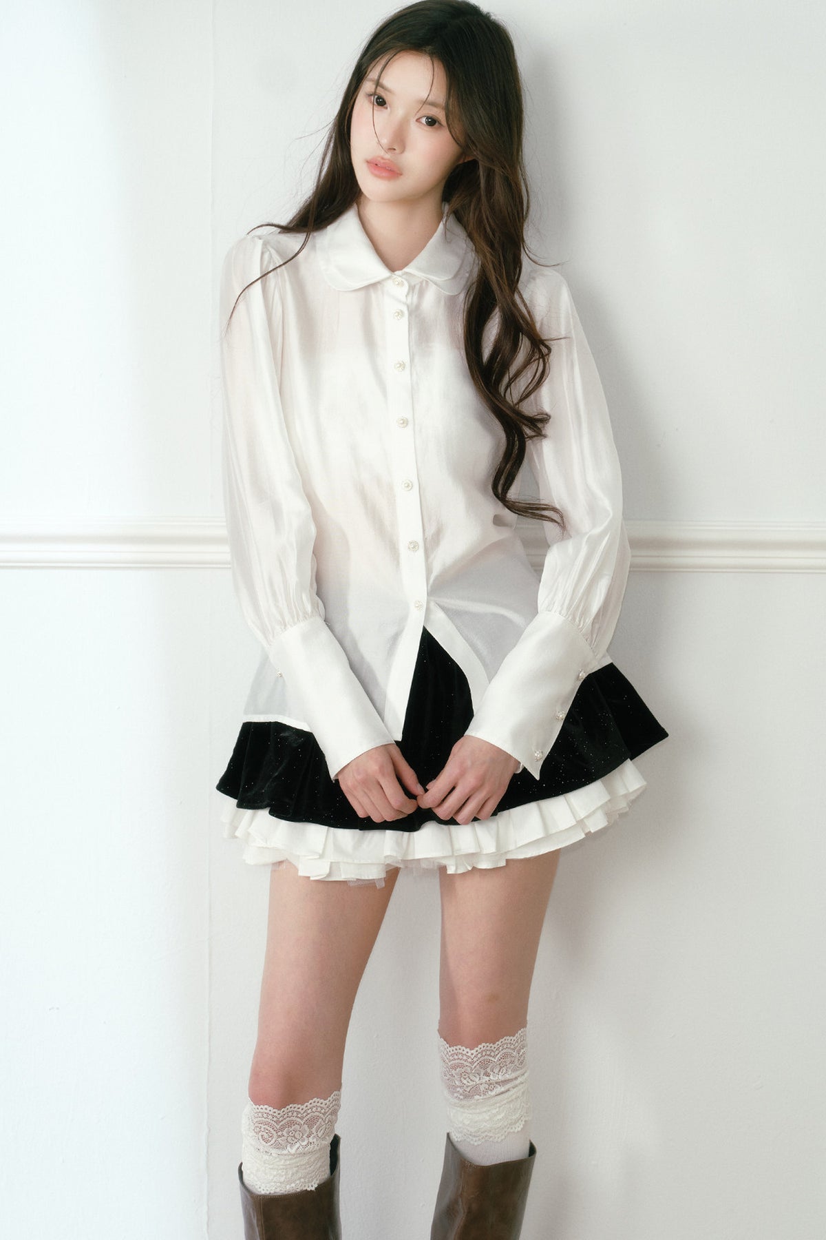 Pleated Tencel Doll Collar Shirt