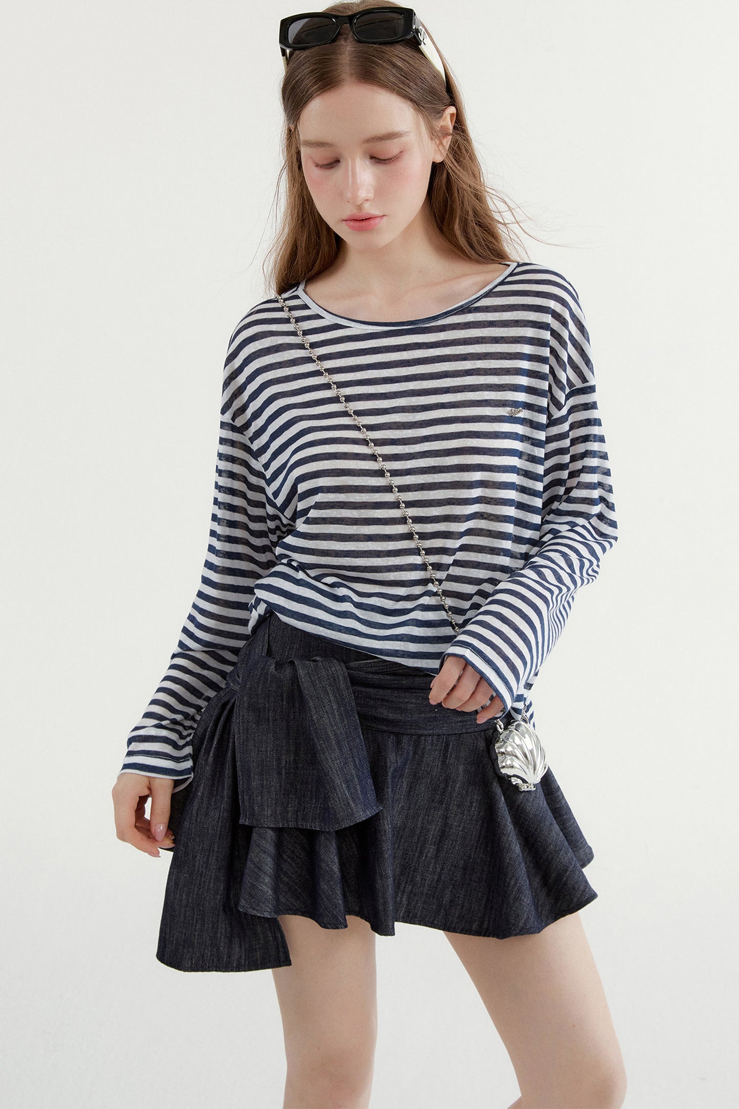 Navy Striped Long-Sleeve Top and A-Line Denim Skirt Set