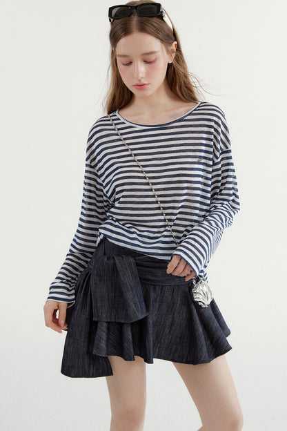 Navy Striped Long-Sleeve Top and A-Line Denim Skirt Set