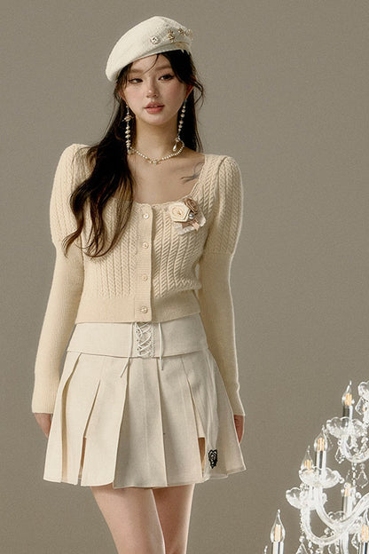 Rose Heart Embroidery Lace-Up Pleated A-Line Skirt