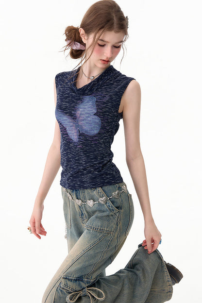 Navy Blue Butterfly Flutter Collar Tank Top