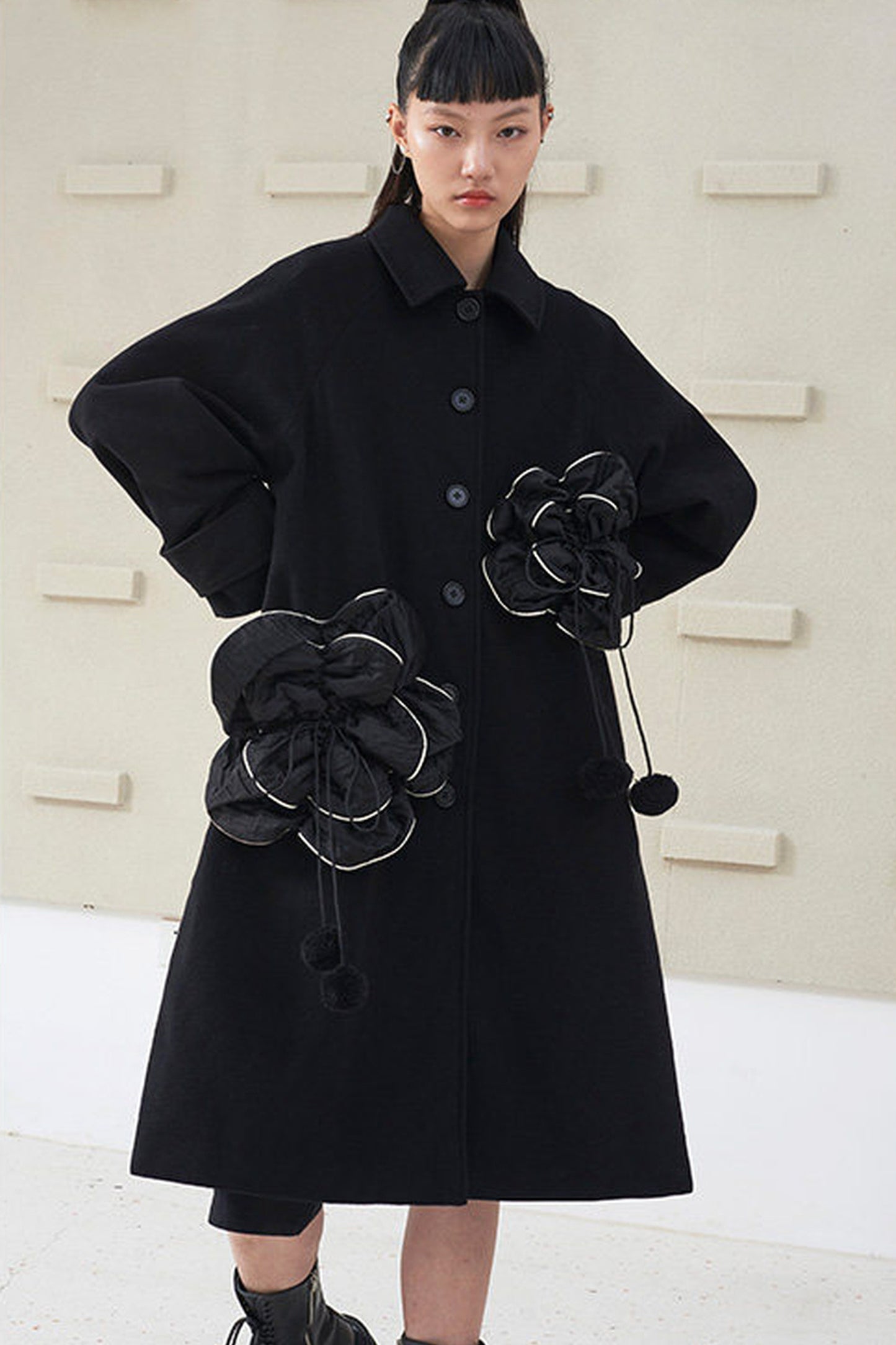 Floral Pleated Wool Coat