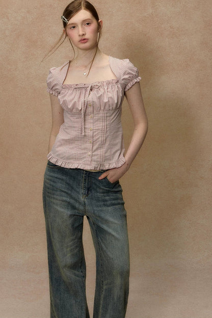 Plaid Puff Sleeve Ruched Top